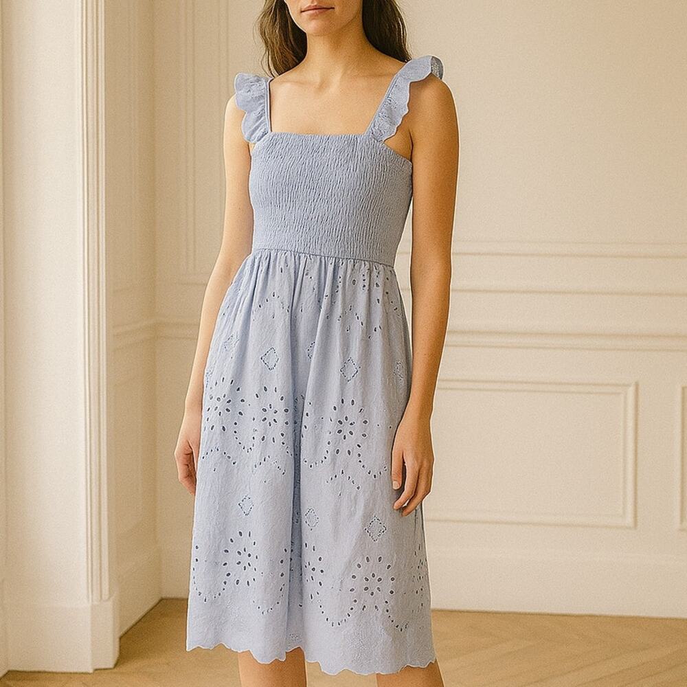 ANDRÉE by UNIT Smocked Eyelet Sleeveless Square Neck Mini Dress Blue L